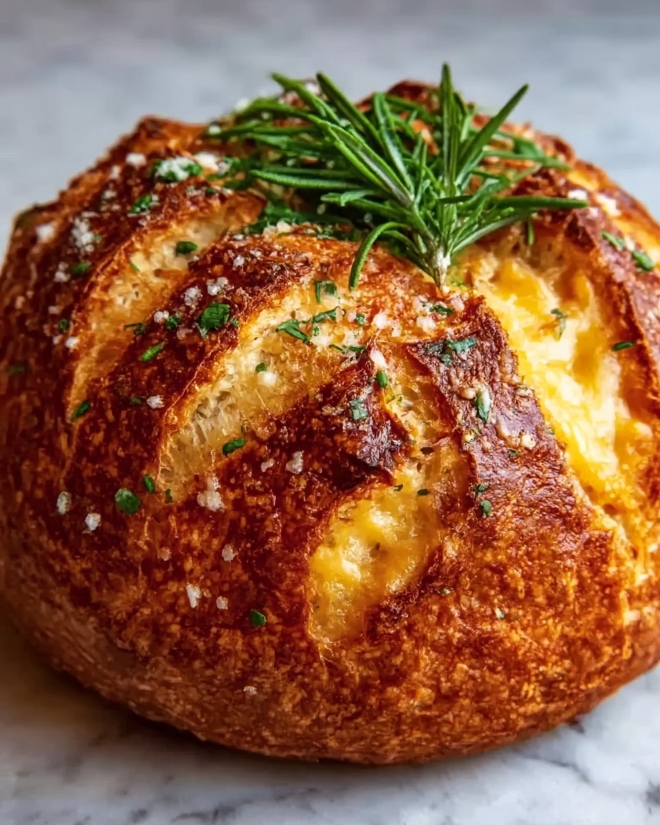 A round loaf of bread with a golden brown, crispy crust showing deep cuts on the top layer. The loaf is sprinkled with small bits of green herbs and coarse salt. One of the cuts reveals a soft, cheesy yellow inside. On top of the bread, there is a sprig of fresh green rosemary. The bread sits on a white marbled surface. photo taken with an iphone --ar 4:5 --v 7