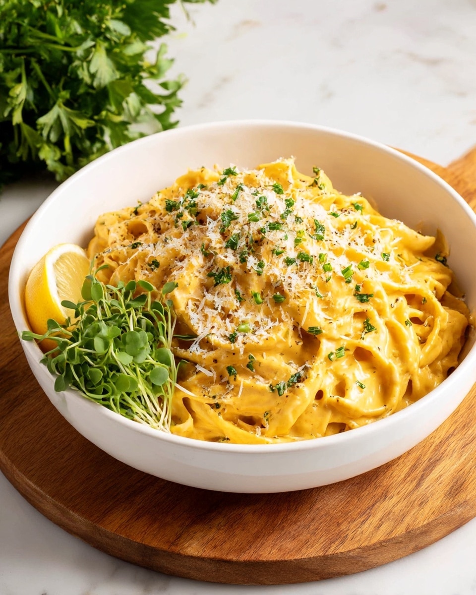 A white bowl filled with creamy, yellow-orange pasta with a smooth, rich sauce, sprinkled generously with grated parmesan cheese and small green herb pieces on top. On the left inside edge of the bowl, there is a small bunch of fresh green microgreens and a wedge of yellow lemon adding a fresh touch. The bowl sits on a round wooden board, placed on a white marbled surface, and there is a bunch of parsley blurred in the background. photo taken with an iphone --ar 4:5 --v 7