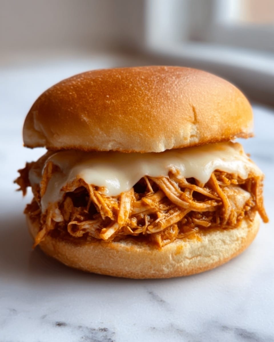 A close-up view of a pulled chicken sandwich on a soft, slightly browned bun. The bottom bun holds a thick layer of shredded chicken mixed with a reddish-brown sauce, topped with melted white cheese that looks creamy and slightly gooey. The top bun sits lightly on the melted cheese, completing the sandwich. The sandwich is placed on a smooth white marbled surface, with soft natural light coming from the background. photo taken with an iphone --ar 4:5 --v 7