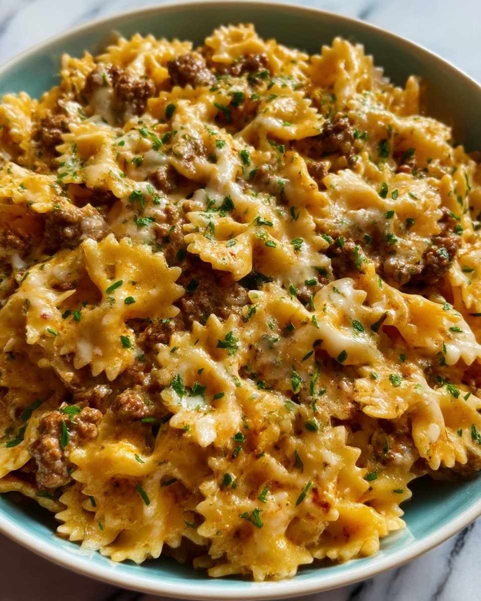 The image shows a close-up of a white plate filled with a layered pasta dish. The base layer is bowtie pasta in a light golden color, topped with browned ground beef. On top of the beef is a creamy melted cheese layer with a smooth texture, sprinkled with small bits of green herbs for garnish. The plate is set on a white marbled surface, and the overall look is warm and appetizing with a mix of soft, creamy, and crumbly textures. photo taken with an iphone --ar 4:5 --v 7