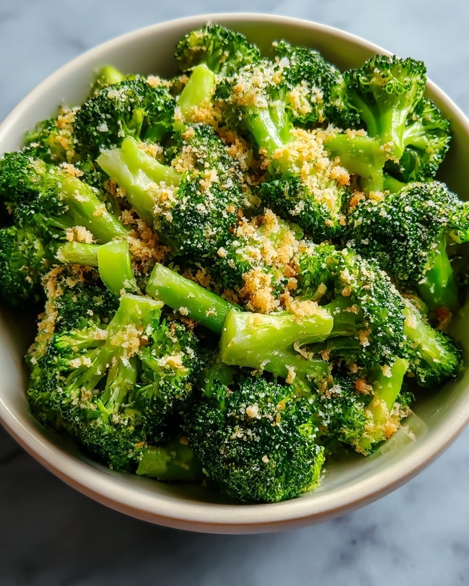 A bowl filled with bright green broccoli florets, coated with small, grainy, light yellow crumbs that look like grated cheese or breadcrumbs. The broccoli pieces are fresh and vibrant, with the rough texture of the florets clearly visible and a slight shine as if lightly cooked or steamed. The bowl is white with a smooth edge, sitting on a white marbled surface. Photo taken with an iphone --ar 4:5 --v 7