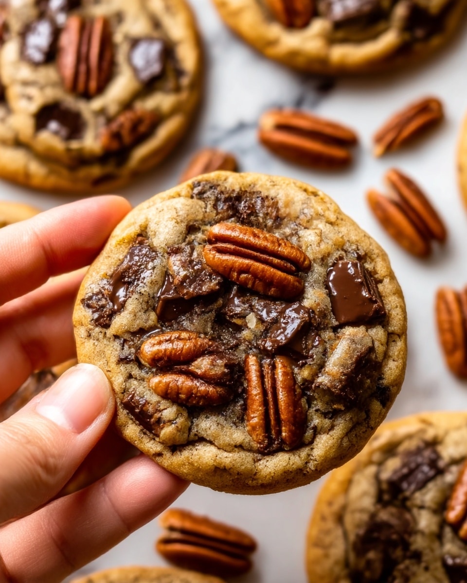 A close-up of a round cookie filled with dark melted chocolate chunks and whole pecan nuts on top, the cookie base is golden brown with a soft, slightly chewy texture. The cookie is held by a woman's hand between thumb and fingers, with more similar cookies scattered around on a white marbled surface. The pecans are shiny and slightly darker brown, contrasting with the warm, light brown dough and glossy dark chocolate pieces. Photo taken with an iphone --ar 4:5 --v 7