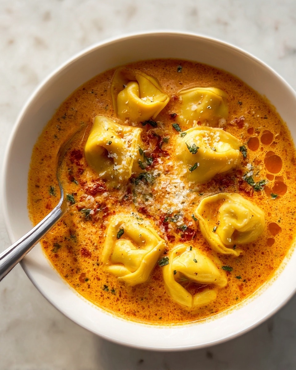 A white bowl filled with a creamy, orange-red soup, with visible oil droplets creating a smooth and rich texture on the surface. Floating on top are seven yellow tortellini pasta pieces, plump and soft with slight folds, scattered evenly around the bowl. Small green herb bits are sprinkled over the dish, adding a fresh contrast, along with tiny white grated cheese particles. A silver spoon is partially immersed in the soup on the left side of the bowl. The bowl sits on a white marbled textured surface, softly lit by natural light. photo taken with an iphone --ar 4:5 --v 7