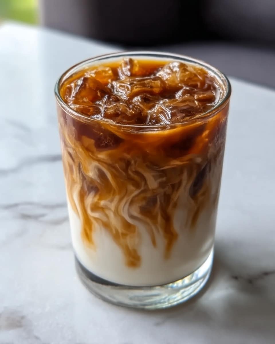 A clear glass filled with a three-layer iced coffee drink sits on a white marbled surface. The bottom layer is white milk, smooth and creamy, making up about half of the glass. Above the milk, a layer of light brown coffee swirls slowly mixing in, creating soft waves and streaks down the glass sides. The top layer is dark brown iced coffee with ice cubes visible through the glass. The drink has a glossy shine from the ice and liquid mix. Photo taken with an iphone --ar 4:5 --v 7
