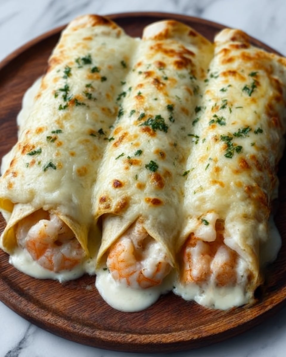 Three tortilla rolls filled with shrimp are placed side by side on a round wooden board. Each roll is topped with a thick layer of melted white cheese, which is slightly browned in spots. The cheese layer is creamy and bubbly, covering the top of each tortilla completely. Small pieces of green herbs are sprinkled evenly over the cheese, adding contrast. The shrimp filling is visible at the open ends, showing a light pink color, with a white creamy sauce oozing out slightly. The background is a white marbled texture. Photo taken with an iphone --ar 4:5 --v 7