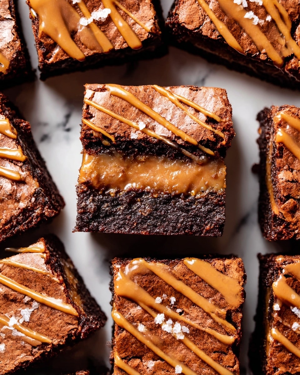 This image shows a close-up view of a batch of square brownies arranged in a circle on a white marbled surface. Each brownie has three visible layers: the bottom and top layers are dark, rich, and dense chocolate with a slightly cracked texture, while the middle layer is a lighter caramel filling. The top of each brownie is drizzled with a golden caramel sauce in thin lines, adding a shiny and smooth contrast. Some brownies are sprinkled with tiny flakes of salt, enhancing the texture and color. The central brownie is slightly raised, revealing the gooey caramel center and the thick chocolate layers from the side. photo taken with an iphone --ar 4:5 --v 7