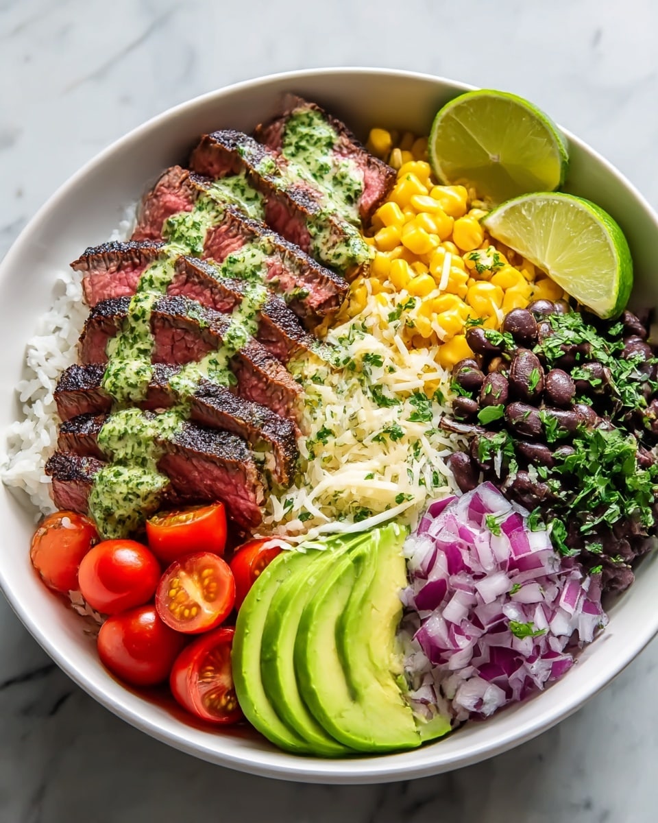 A white bowl filled with a colorful layered dish placed on a white marbled texture. The base layer is white rice. On top, sliced medium-rare steak with a charred crust is arranged in a row on one side, drizzled with green herb sauce. To the right of the steak, a layer of bright yellow corn mixed with shredded white cheese and green cilantro is present. Next to the corn, black beans with cilantro sprinkled on top form another layer. Adjacent to the beans, finely chopped purple onions add a sharp color contrast. In the center, there are halved cherry tomatoes in bright red, and to the side, thinly sliced green avocado is fanned out neatly. Two lime wedges rest on the edge of the bowl. photo taken with an iphone --ar 4:5 --v 7