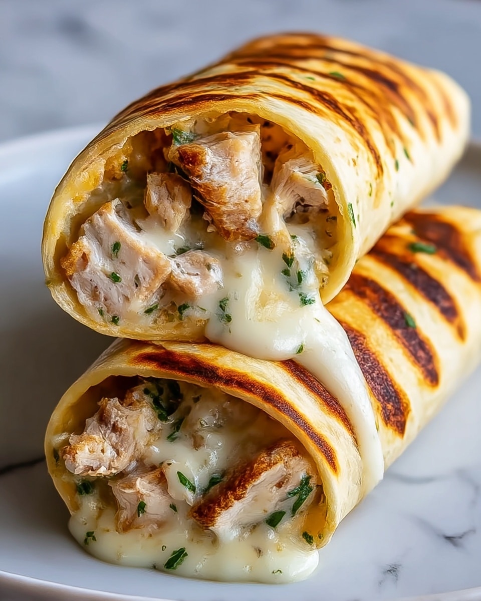 Two grilled wraps stacked on a white plate, each wrap showing a crispy, slightly browned tortilla on the outside with visible grill marks. Inside, layers of melted white cheese blend with chunks of golden-brown cooked chicken and tiny bits of green herbs scattered throughout. The cheese appears soft and creamy, oozing slightly from the ends of the wraps, while the chicken looks tender with some pieces showing light charred edges. The texture of the wraps is soft but firm enough to hold the filling tightly, and the scene is set on a white marbled surface. photo taken with an iphone --ar 4:5 --v 7