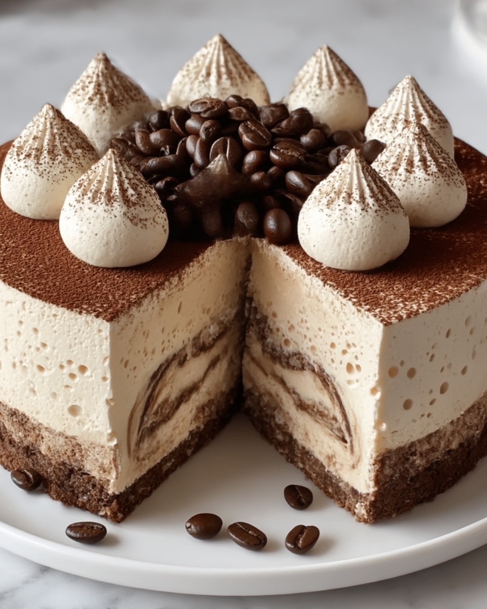 A round, layered coffee-flavored cake is shown with a slice removed, revealing four distinct layers: a dark brown, crumbly bottom crust; a thick light brown creamy layer with swirls of darker chocolate running through it; a tall, pale cream-colored mousse-like layer with tiny air bubbles; and a top surface dusted evenly with cocoa powder. On top of the cake, there are eight evenly spaced dollops of light cream whipped into soft peaks, each dusted with cocoa powder, and the center is piled high with glossy, dark brown coffee beans. A few coffee beans are scattered on the white plate around the cake, which sits on a white marbled textured surface. Photo taken with an iphone --ar 4:5 --v 7