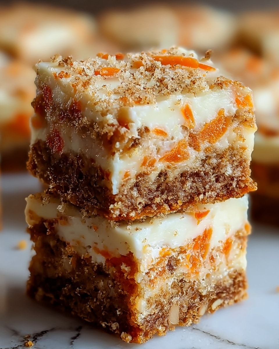 Two square pieces of carrot cake bars stacked vertically on a white marbled surface. Each piece has three layers: a bottom rough-textured brown cake layer mixed with small bits of orange carrot, a thick creamy white middle layer, and a top layer with orange carrot shreds embedded in the creamy white layer, sprinkled with fine brown crumb topping. The texture shows moist cake with creamy smoothness and a crumbly sprinkle on top. The background is blurred with more pieces of the same dessert visible. Photo taken with an iphone --ar 4:5 --v 7