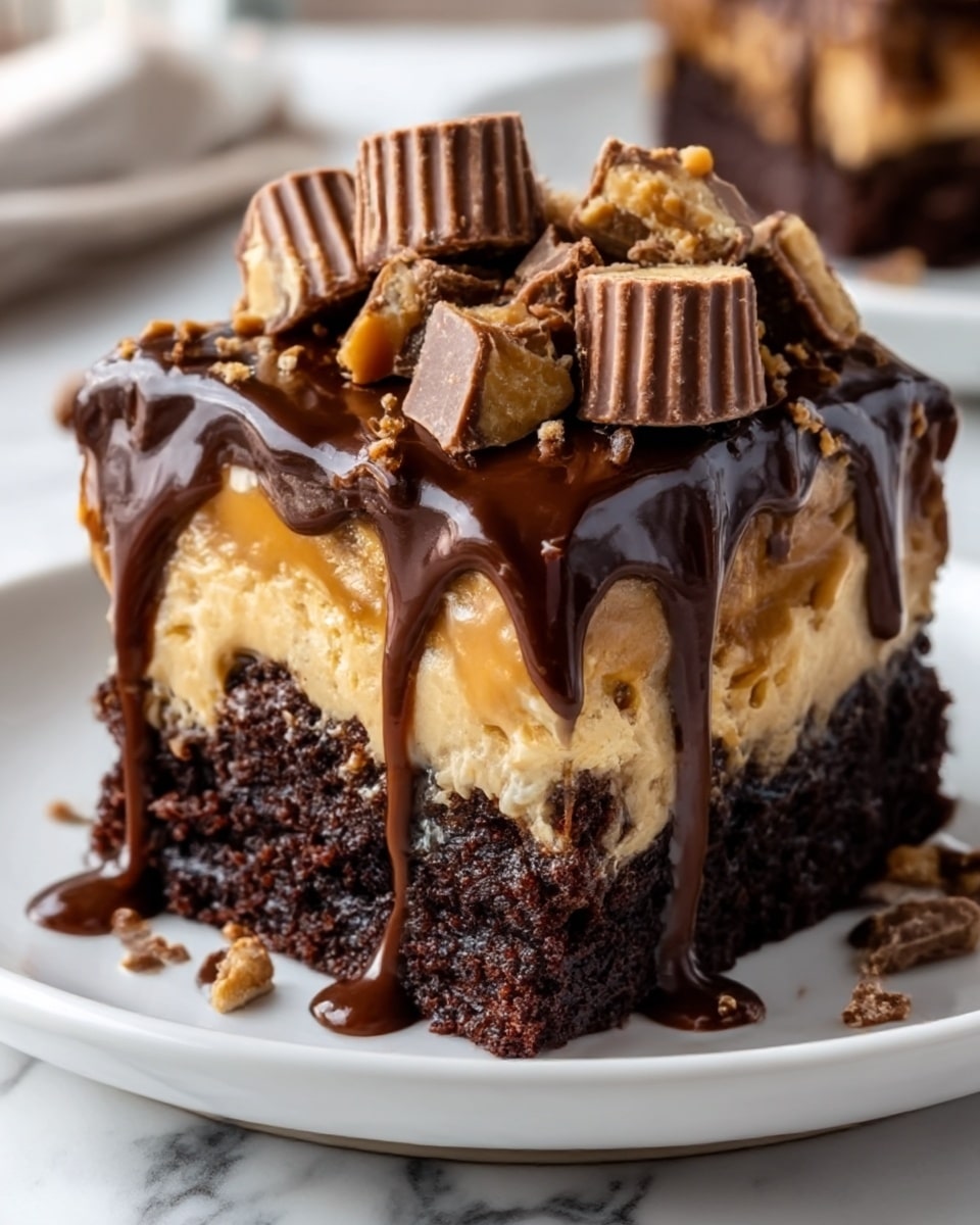 A rich dessert square with three distinct layers sits on a white plate over a white marbled surface. The bottom and top layers are dark, moist chocolate cake with a soft texture. Between them is a thick, creamy caramel-colored filling that looks smooth and slightly gooey. The top of the cake is covered with a shiny, thick dark chocolate sauce that drips down the sides. On top of the sauce are broken pieces of peanut butter candy, adding a crunchy texture. Photo taken with an iphone --ar 4:5 --v 7