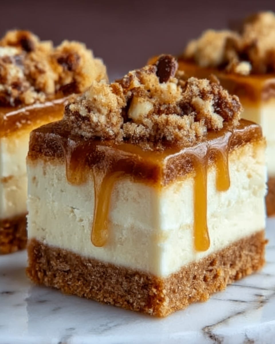 The image shows two square dessert pieces, each with four distinct layers. The bottom layer is a thick, crumbly, light brown crust with a rough texture. Above that is a smooth, creamy white layer, looking soft and dense. The third layer is a glossy, golden caramel sauce that drips slightly down the sides. The top layer is a crumbly topping with small chunks of chocolate and nuts, giving a crunchy texture with mixed shades of brown. The dessert pieces are placed on a white marbled surface. photo taken with an iphone --ar 4:5 --v 7