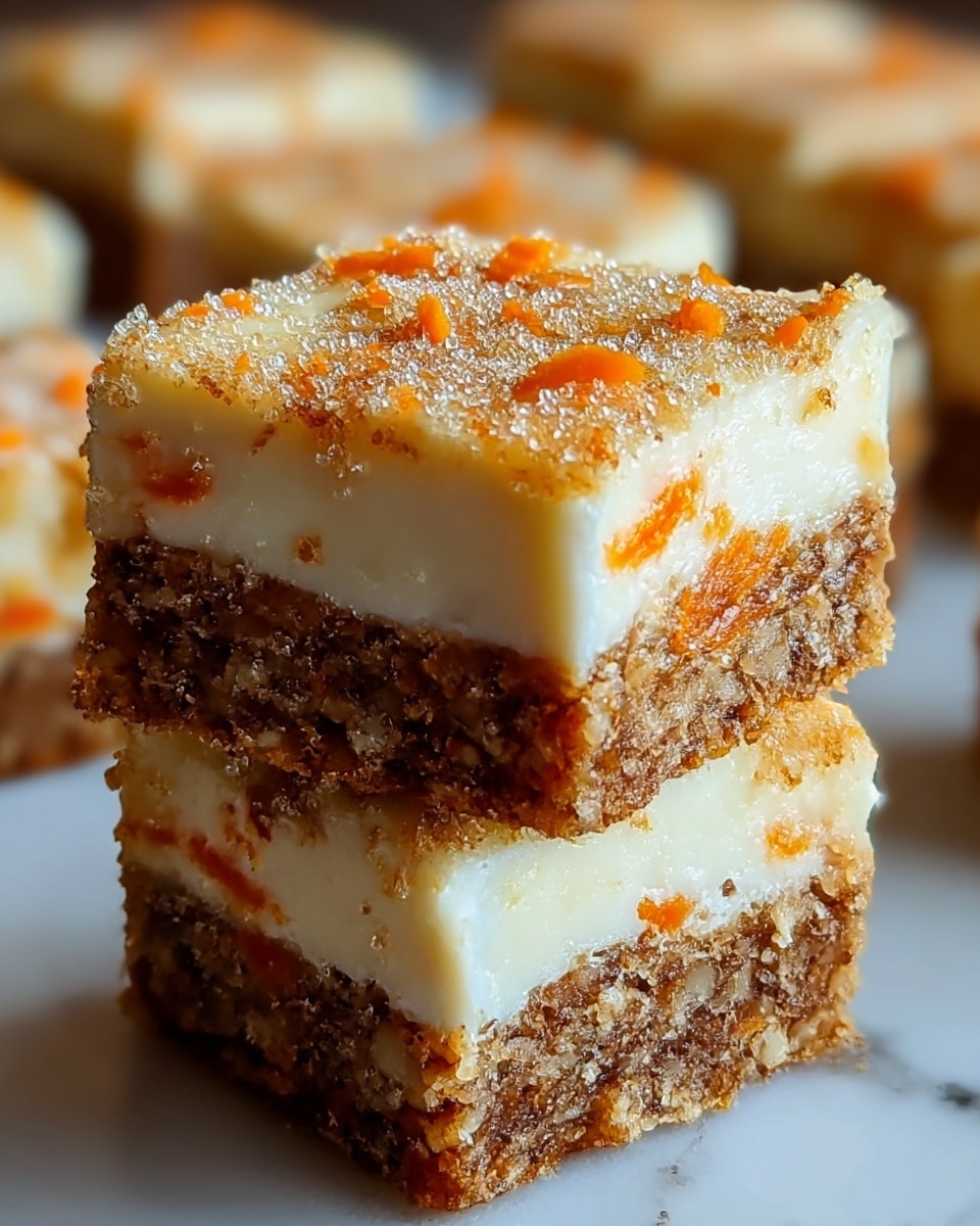 The image shows a close-up of two stacked dessert squares with three layers. The bottom layer is a dense, coarse-textured brown base mixed with small bits of orange, likely carrot, forming a crunchy foundation. The middle layer is a thick, smooth, creamy white filling, sitting evenly over the base. The top layer features a finely crumbed, golden-brown crust, sprinkled with small pieces of orange carrot and a dusting of sugar or spice that sparkles under the light. The stacked squares are set against a white marbled surface, with more similar pieces blurred in the background to highlight the focus on the front two squares. photo taken with an iphone --ar 4:5 --v 7