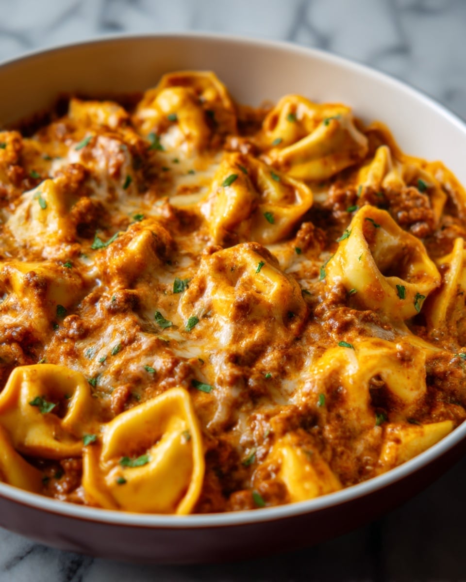 The image shows a close-up view of a large round white bowl filled with a rich pasta dish. The pasta is tortellini, each piece round and filled, covered in a thick, creamy tomato sauce mixed with ground meat. The sauce is a warm orange-red color with visible bits of browned meat and melted cheese. Small green herbs are sprinkled on top, adding a fresh contrast. The texture looks creamy and hearty with the pasta soft and coated in the sauce. The background is a white marbled surface, emphasizing the warm colors of the dish. photo taken with an iphone --ar 4:5 --v 7