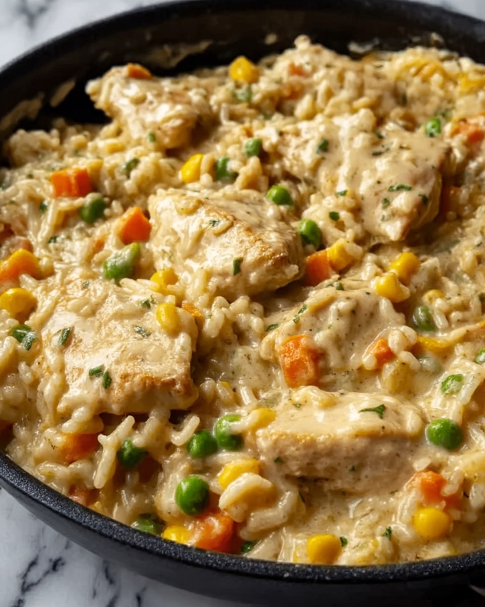 The image shows a close-up of a creamy chicken and rice dish cooked in a black skillet. The dish has large, tender pieces of light golden chicken mixed with soft rice grains coated in a thick, creamy sauce. Small bits of mixed vegetables, including green peas, orange carrots, and yellow corn, are scattered throughout, adding bits of color and texture. The sauce looks smooth and slightly glossy, covering all the ingredients evenly. The skillet sits on a white marbled surface. Photo taken with an iphone --ar 4:5 --v 7