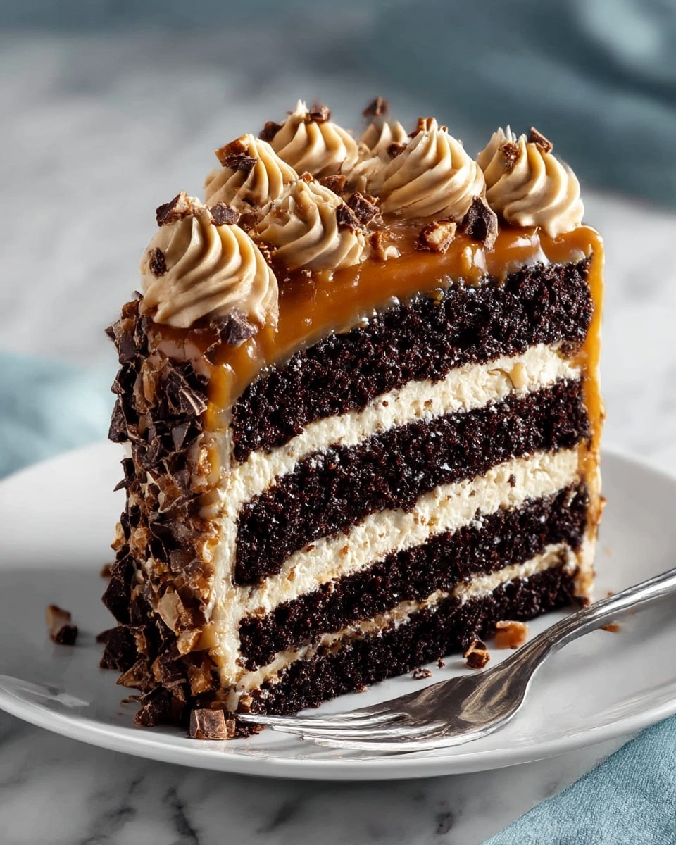 A slice of rich chocolate cake with three thick dark brown layers, each separated by creamy off-white frosting and a layer of smooth caramel sauce. The top of the slice is covered in glossy caramel and decorated with evenly spaced swirls of light brown frosting topped with small chocolate and caramel bits. The sides of the cake are coated with more frosting and sprinkled with chopped chocolate pieces. The slice is placed on a white plate with a silver fork resting beside it, all set on a white marbled surface. Photo taken with an iphone --ar 4:5 --v 7