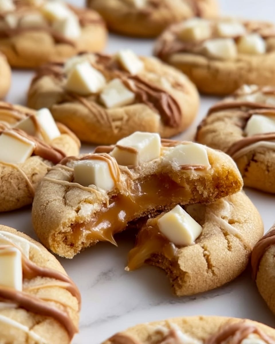 The image shows a close-up view of soft cookies on a white marbled surface. Each cookie has a beige, slightly cracked base with a gooey caramel center visible in one cookie that is bitten in the middle. On top of each cookie, there are small white chocolate chunks and a drizzle of smooth milk chocolate, adding texture and contrast. The cookies are arranged closely, filling the frame with a soft, inviting look. Photo taken with an iphone --ar 4:5 --v 7