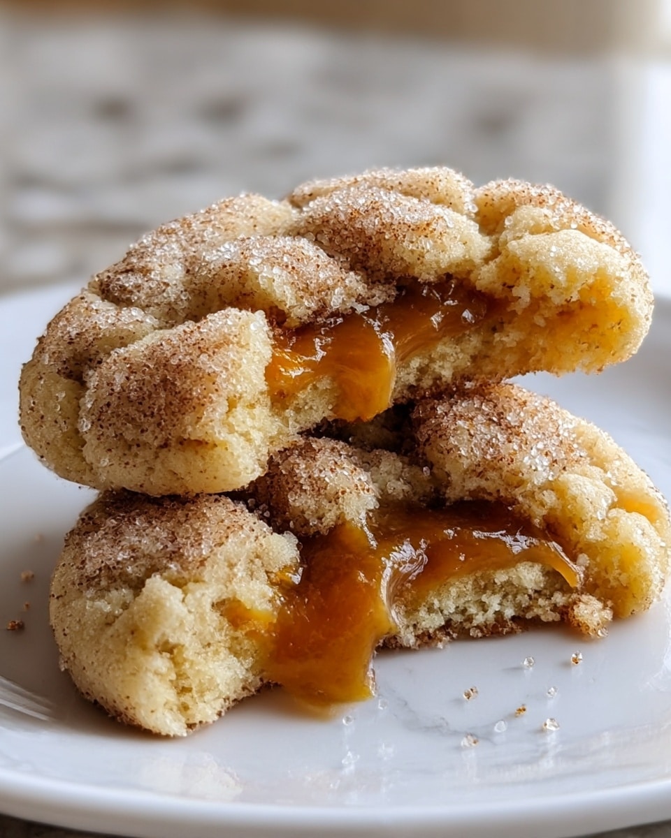 Two crinkled cookies sit on a white plate over a white marbled surface, one whole cookie on the bottom and one cookie broken in half leaning against it. The cookies have a light beige base sprinkled heavily with coarse sugar and cinnamon crystals, giving the top a grainy, slightly sparkly texture. The broken cookie shows a gooey, rich caramel filling in a deep golden brown shade oozing from the middle. The photo is close-up, capturing the soft, chewy texture of the cookies and the sticky smooth caramel layer inside. Photo taken with an iphone --ar 4:5 --v 7