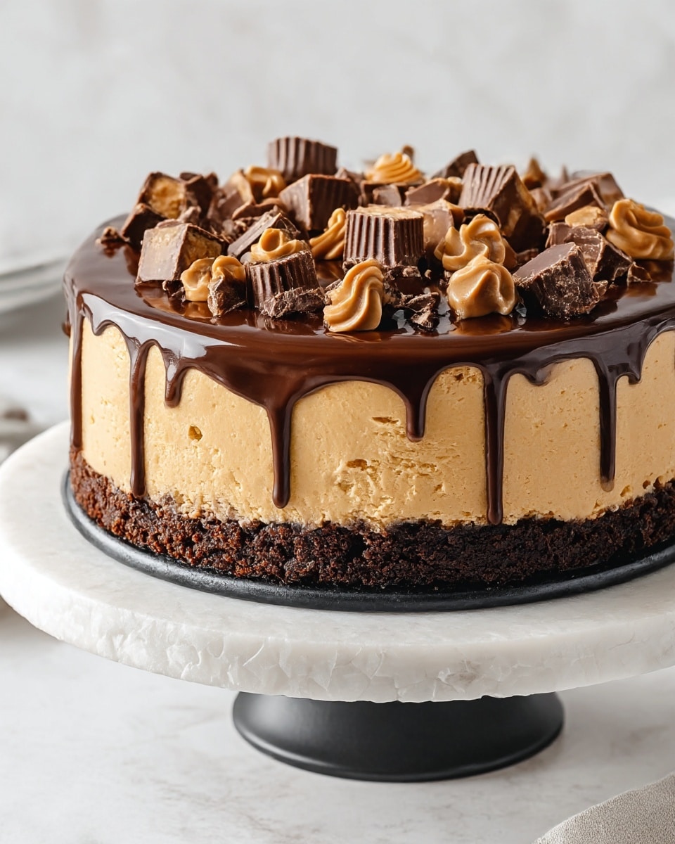 The image shows a round cake with three layers sitting on a white marble textured stand with a black base. The bottom layer is dark brown and crumbly, likely a chocolate crust. The middle layer is thick, smooth, and light caramel-colored, resembling a creamy peanut butter filling. The top layer is a shiny chocolate ganache dripping slightly down the sides of the cake. On top of the ganache, there are many small pieces of chocolate and swirls of peanut butter. The background is a white marble texture with soft light highlighting the textures of the cake. Photo taken with an iphone --ar 4:5 --v 7