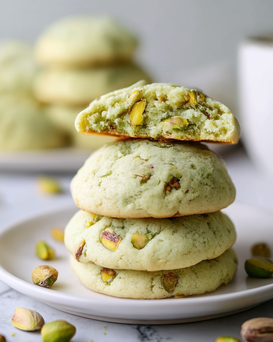 A stack of three soft, pale green cookies sits on a white plate with a smooth surface, placed on a white marbled texture. The bottom two cookies are whole, showing a slight crackled texture and small pieces of pistachio embedded throughout. The top cookie is broken in half and balanced on the middle cookie, revealing a soft and moist interior that is also pale green with visible pistachio nuts of varying green and light brown shades. Loose pistachio pieces are scattered around the plate. In the background, there are blurred more cookies showing the same texture. Photo taken with an iphone --ar 4:5 --v 7