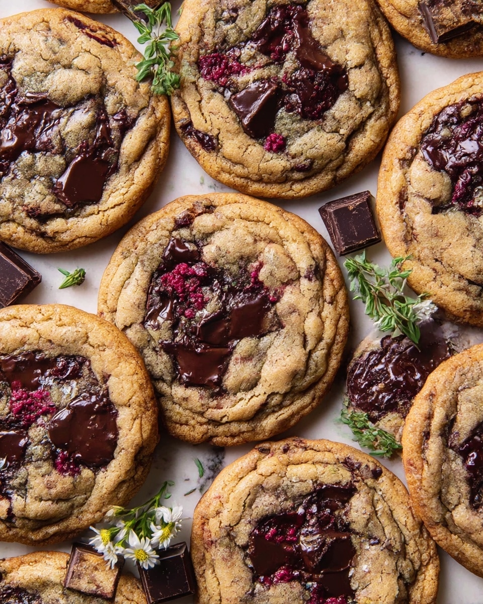 A close-up photo shows a group of soft, round cookies spread out on a white marbled surface. Each cookie has a golden-brown outer edge with a slightly cracked texture, while the center is filled with melted dark chocolate chunks and red berry pieces that add a burst of color. The cookies appear chewy and moist, with the chocolate looking glossy and gooey. Small pieces of dark chocolate and tiny white flowers with green leaves are scattered around the cookies, adding contrast and decoration. photo taken with an iphone --ar 4:5 --v 7