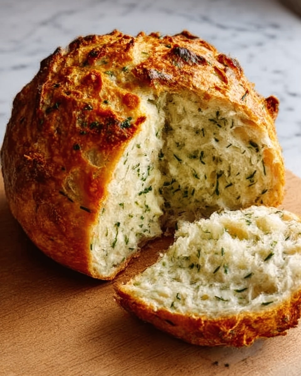 A round, golden-brown loaf of bread with a rough, crispy crust sits on a wooden board. The loaf is partially torn open, showing a soft, fluffy inside with visible green herbs speckled throughout. The bread has a textured top with small browned spots and a slightly uneven surface, indicating a rustic, homemade style. The background is a white marbled texture. photo taken with an iphone --ar 4:5 --v 7