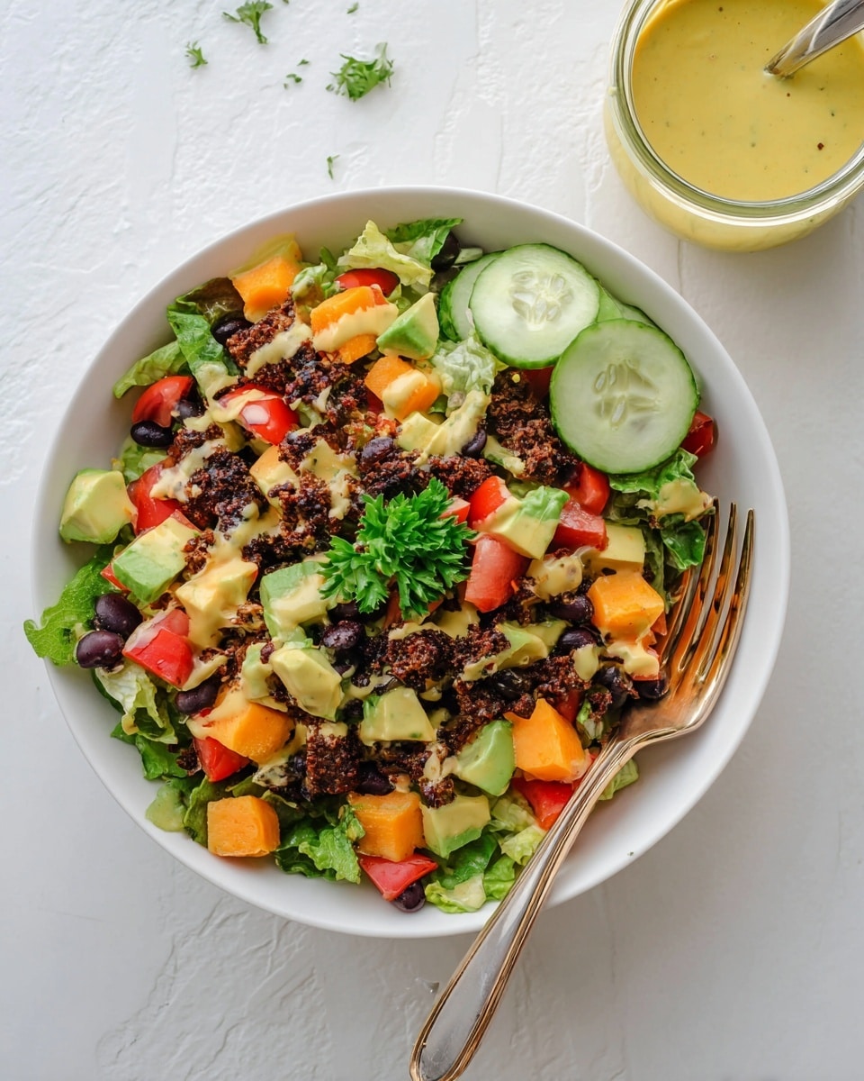 A colorful salad in a white bowl is filled with a mix of fresh green lettuce leaves as the base layer, topped with bright red tomato chunks, small cubes of orange cheddar cheese, and pale green avocado pieces. Scattered on top are crumbled black bean patties with a crumbly, textured appearance and dark spots, adding a rich, cooked brown layer. Thin slices of green pickles are placed on one side, and a light yellow dressing is drizzled across the salad. A sprig of fresh green parsley sits in the center as garnish. A gold fork rests inside the bowl on the right side. In the background, a small jar with more yellow dressing and a spoon can be seen on a white marbled surface. photo taken with an iphone --ar 4:5 --v 7