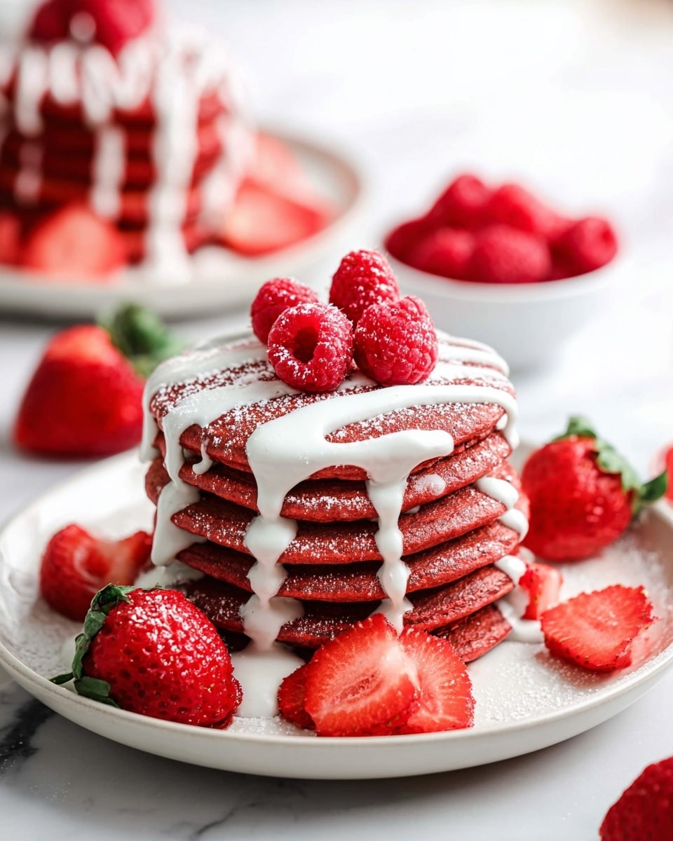 A stack of five thick, red pancakes sits in the center of a white plate on a white marbled surface. The pancakes are drizzled generously with white icing that slowly drips down the sides, creating a textured contrast against the smooth, vibrant red layers. On top of the stack, three fresh red raspberries are nestled, adding a pop of natural color and detail. Around the plate, halved and whole bright red strawberries with green leaves are scattered, enhancing the fresh and colorful look. In the background, a blurred second stack of red pancakes with white icing and raspberries can be seen, along with a small white bowl filled with raspberries. The whole scene is bright and inviting, focused sharply in the front with a soft background blur. photo taken with an iphone --ar 4:5 --v 7