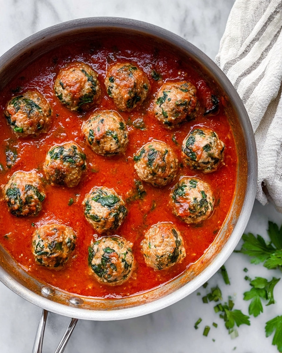 A silver pan filled with about sixteen round meatballs that have green spinach pieces and white cheese bits inside each one, all sitting in a thick, bright red tomato sauce which covers the bottom of the pan. The sauce looks smooth and slightly oily on top, while the meatballs have a textured, cooked surface with visible herbs. The pan is on a white marbled surface with some green parsley leaves on the side and a striped white cloth near the bottom left corner. Photo taken with an iphone --ar 4:5 --v 7