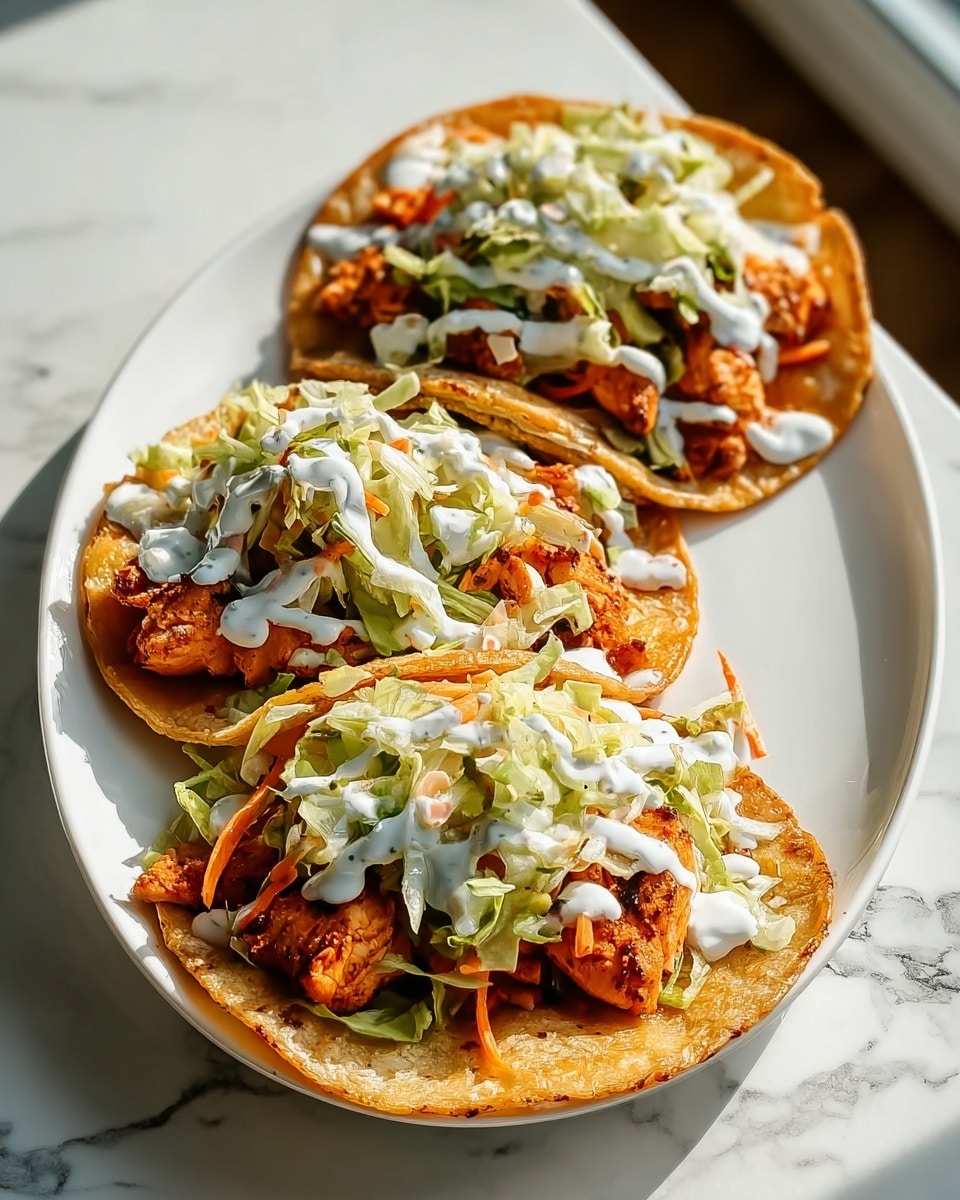 Three tacos sit side by side on a white plate placed on a white marbled surface. Each taco has a golden brown, slightly crispy tortilla as the base. On top of the tortillas are pieces of orange-brown grilled chicken with a slightly charred texture. Over the chicken is a layer of shredded green lettuce mixed with small bits of shredded carrot. The tacos are finished with a drizzle of creamy white sauce scattered evenly on top. The setting is bright with natural sunlight highlighting the textures and colors. photo taken with an iphone --ar 4:5 --v 7