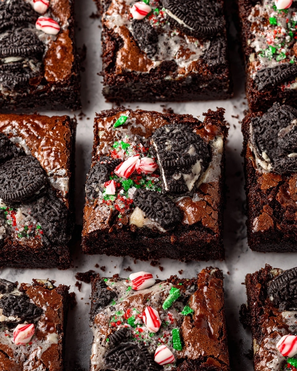 The image shows a close-up of multiple square brownies topped with broken Oreo cookie pieces and small red, white, and green crushed peppermint candy bits. Each brownie has a rich, dark chocolate surface with cracks revealing a moist texture beneath. The Oreo pieces are scattered on top with their dark cookie shells contrasting against the lighter cream filling, while the peppermint pieces add bright pops of color on the rich chocolate background. The brownies are arranged closely together on a white marbled texture. Photo taken with an iphone --ar 4:5 --v 7