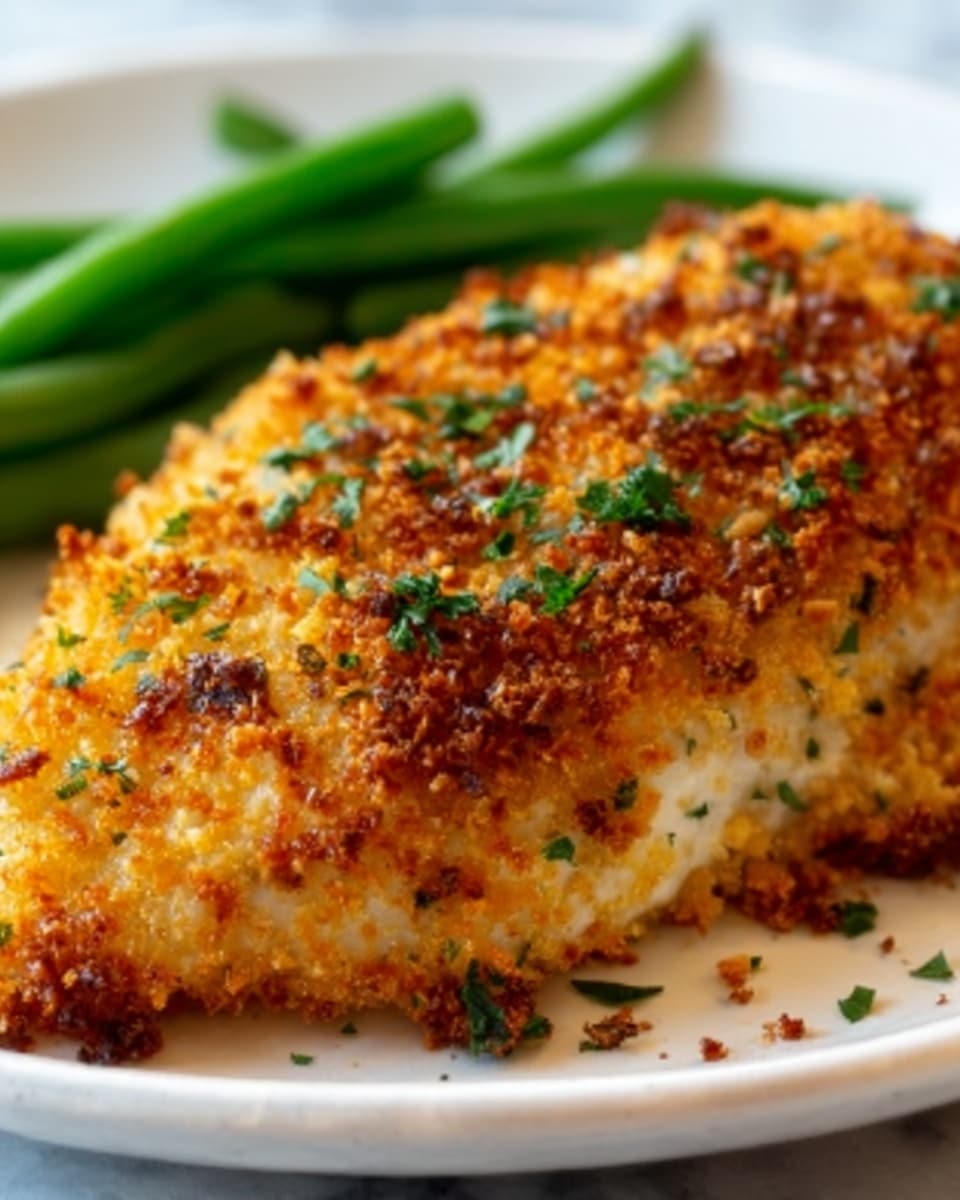 A close-up of a single piece of breaded and baked chicken breast on a white plate, showing a golden brown crispy coating with small bits of herbs on top. The crunchy crust has a mix of light yellow and darker brown colors, with a sprinkle of green chopped parsley. In the background, there are a few green beans slightly blurred. The surface under the plate is a white marbled texture. Photo taken with an iphone --ar 4:5 --v 7