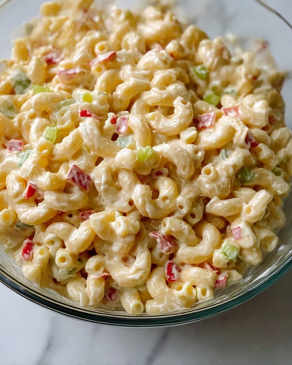 A close-up of a clear glass bowl filled with creamy macaroni salad, showing three main layers: the elbow-shaped macaroni pasta with a soft pale yellow color and smooth texture as the base, small diced pieces of red and green bell peppers scattered evenly throughout adding bright pops of color and a crunchy texture, all coated in a light, creamy and slightly speckled dressing that binds the ingredients together, sitting on a white marbled surface with part of a black and white cloth visible under the bowl. photo taken with an iphone --ar 4:5 --v 7