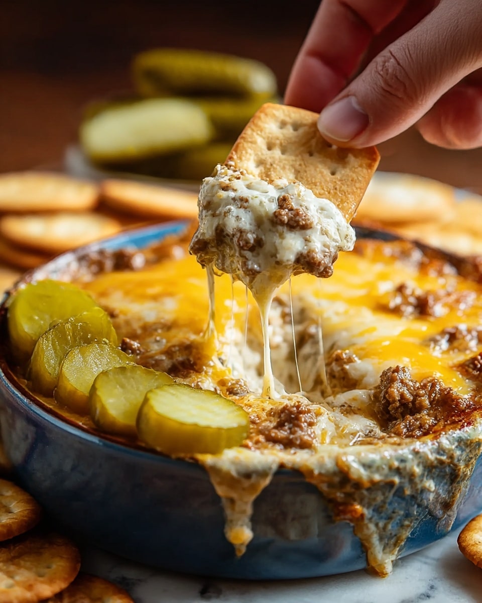 A close-up of a white bowl filled with a creamy cheesy dip that has three visible layers: melted golden-yellow cheese at the base, browned ground sausage mixed into the creamy white cheese middle layer, and topped with sliced green pickles placed on one side. A woman’s hand is lifting a round light brown chip covered in the thick, stretchy, and gooey dip with sausage bits, creating long cheese pulls. The background shows more chips and sliced pickles on a white marbled surface. Photo taken with an iphone --ar 4:5 --v 7