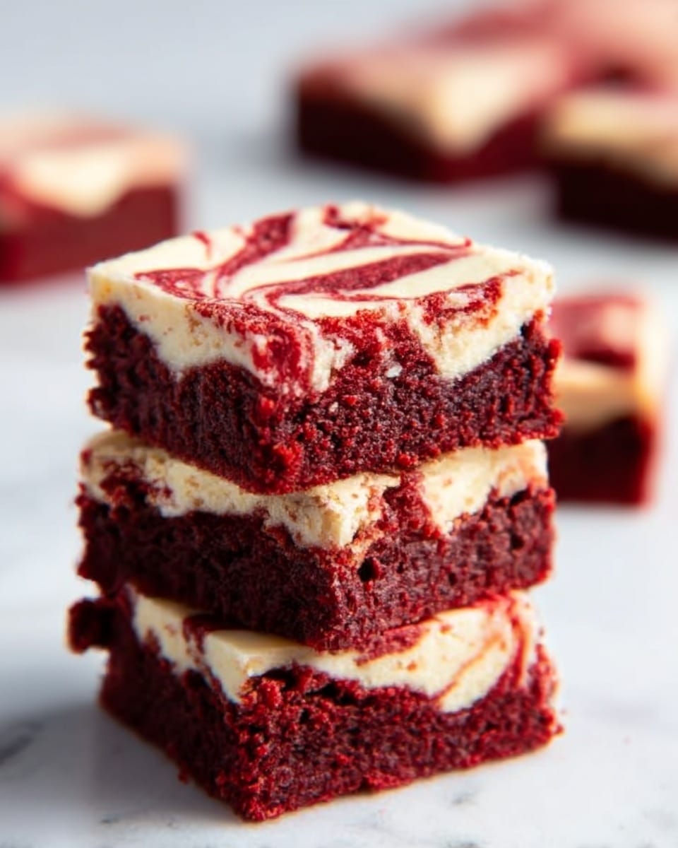 A stack of four brownies with deep red and dark brown layers is shown. Each brownie has a swirled white cream layer on top, blending smoothly with the red and brown parts. The brownies have a soft, slightly crumbly texture and are neatly stacked on a white marbled surface. The front brownie is in clear focus, while the others are slightly blurred in the background. photo taken with an iphone --ar 4:5 --v 7