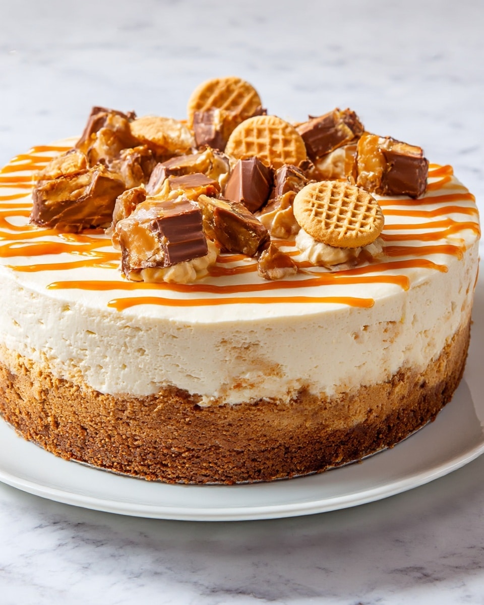 A round, two-layered cake sits on a white plate over a white marbled surface. The bottom layer is thick and brown with a slightly rough texture, resembling a dense cookie or brownie base. The top layer is creamy and light beige with a smooth texture. On top, there are thin, wavy orange caramel or butterscotch strands spread in a pattern. Chopped pieces of chocolate-covered candy bars and whole mini peanut butter cookie sandwiches are scattered evenly across the top. The cake has a clean, sharp edge with one slice cut out, showing the layers clearly. Photo taken with an iphone --ar 4:5 --v 7