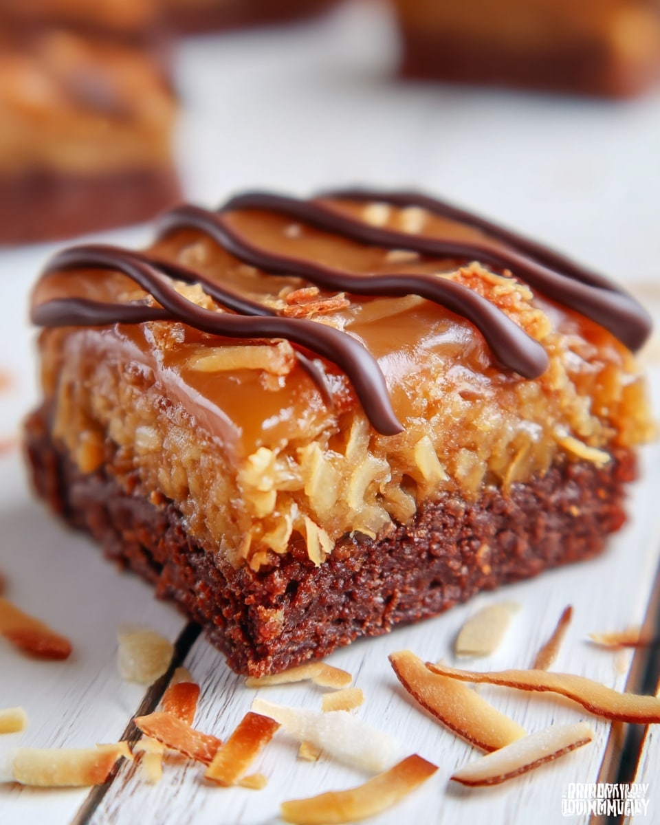 The image shows a close-up of a two-layer dessert bar on a white marbled surface. The bottom layer is a dark brown, moist, chocolate cake-like base with a soft crumb texture. The top layer is a golden caramel-colored mixture with shredded coconut and nuts, creating a sticky, glossy, textured surface. Two thick lines of dark chocolate drizzle run across the top layer. In the background, there are off-focus pieces of toasted coconut. photo taken with an iphone --ar 4:5 --v 7