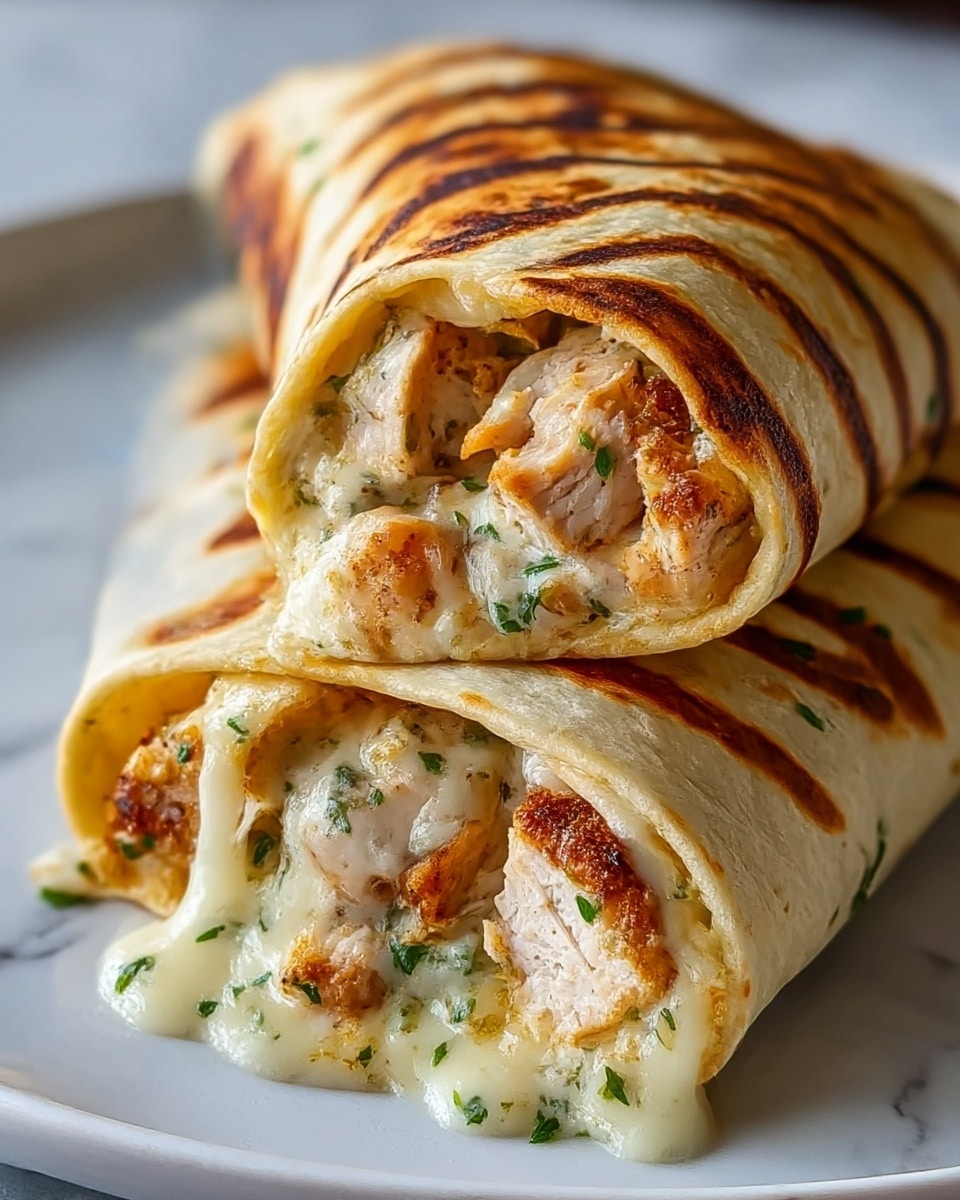 Two grilled tortillas are rolled and placed on a white plate with a white marbled texture in the background. The tortillas are golden brown with grill marks on the outside. Inside, there are large chunks of cooked chicken that are lightly browned and tender, mixed with melted white cheese that is gooey and stringy, dripping slightly out of the rolls. The filling also has small bits of green herbs sprinkled throughout, adding a fresh touch. The two wraps are stacked, one slightly on top of the other, showing the creamy and textured inside layers clearly. Photo taken with an iphone --ar 4:5 --v 7
