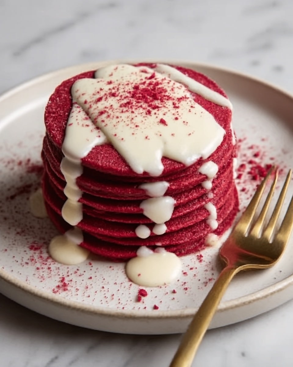 A stack of seven dark red pancakes sits in the center of a white plate, with creamy white sauce drizzled thickly over the top and sides, pooling slightly at the base. The pancakes have a smooth and soft texture, and a light red powder is sprinkled around the stack on the plate. A gold fork rests near the edge of the plate on a white marbled surface. photo taken with an iphone --ar 4:5 --v 7