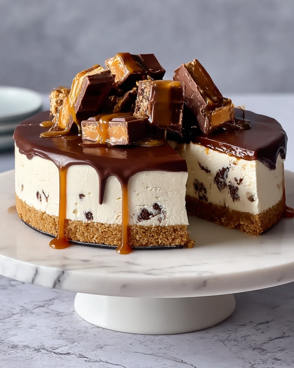 A round cheesecake is displayed on a white marble textured cake stand with three visible layers: the bottom is a thick, crumbly golden-brown crust, the middle is a creamy white layer mixed with small chocolate pieces, and the top is a smooth, glossy dark chocolate ganache layer. The ganache drips slightly down the sides, adding texture. On top, broken chocolate candy pieces with caramel oozing out are scattered, with caramel also dripping down over the ganache and sides. The cake has a slice removed, showing the inside layers clearly. Photo taken with an iphone --ar 4:5 --v 7