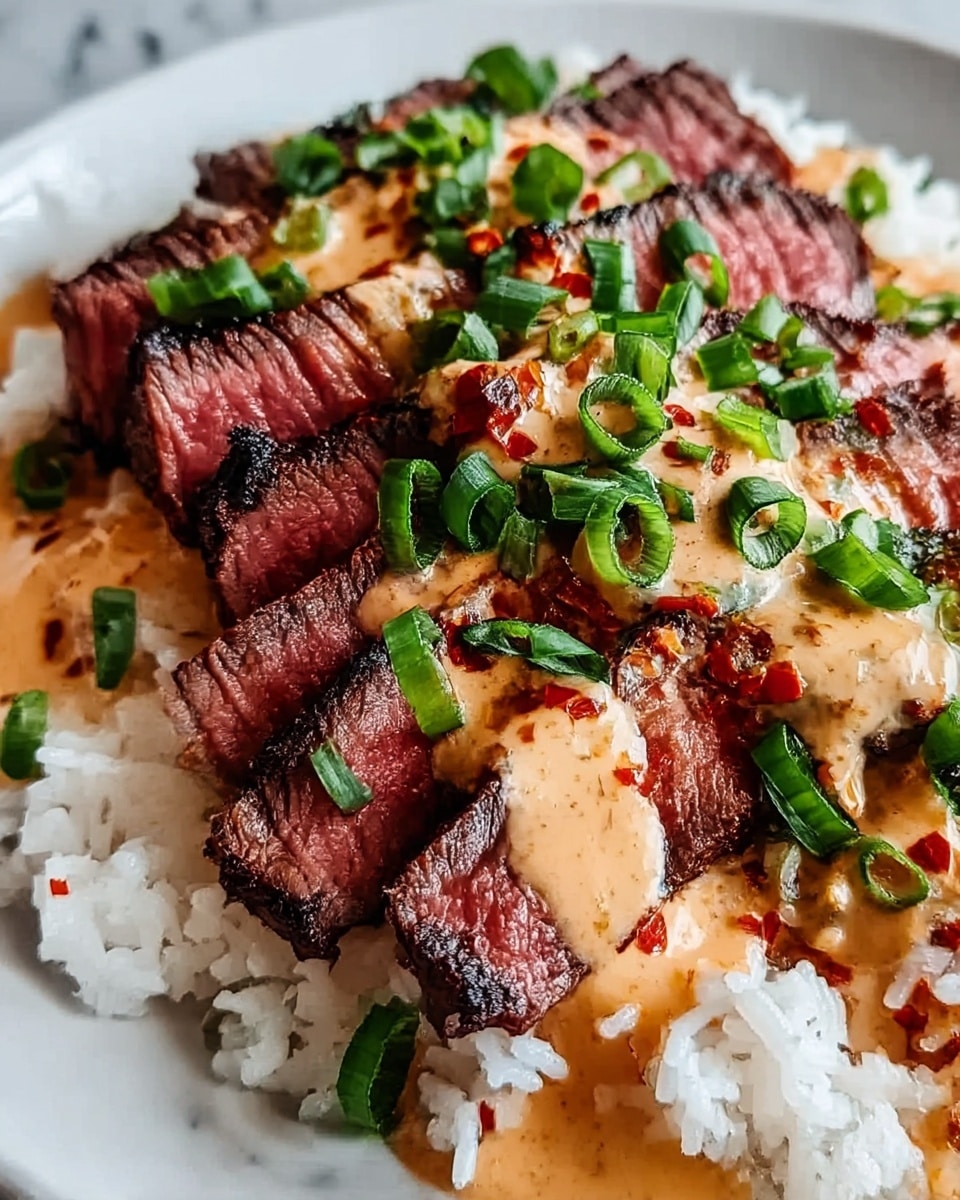 The image shows a close-up of a white plate with a base layer of white rice grains, fluffy and slightly sticky. On top of the rice, there is a layer of sliced grilled steak, cooked medium rare with a dark charred crust and pink inside, arranged side by side. The steak is covered with a creamy, light orange sauce that has small red chili flakes. Finally, chopped green onions with bright green and slightly curled pieces are sprinkled over the sauce, adding color and freshness. The dish sits on a white marbled surface. Photo taken with an iphone --ar 4:5 --v 7