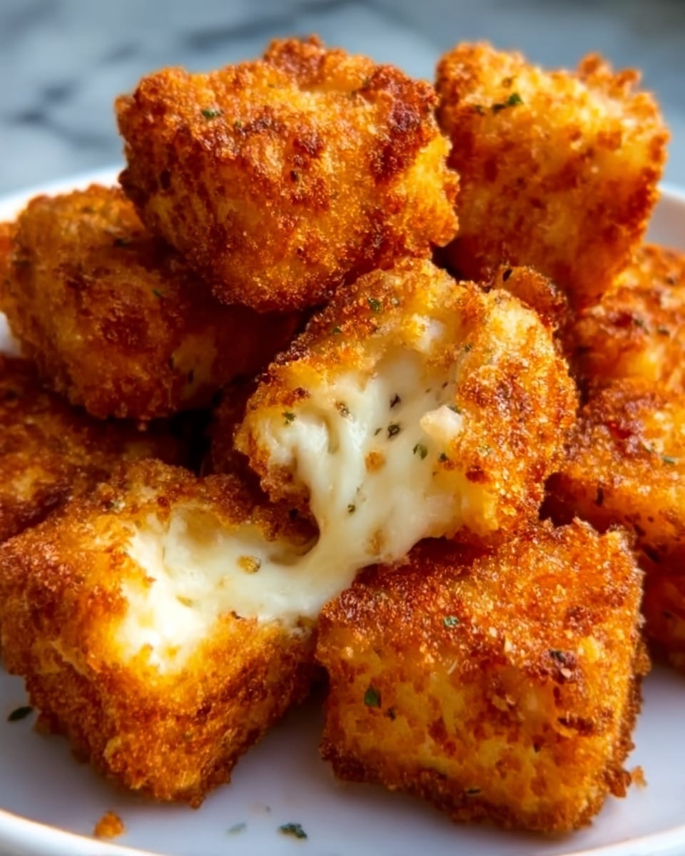 The image shows several crispy, golden brown fried cheese cubes heaped together on a white plate. One cube is broken open in the center, revealing melted, gooey white cheese inside. Each cube has a crunchy, textured coating with small bits of herbs and spices visible on the surface. The cheese cubes are thick and uniformly fried to a deep, crispy color. The plate sits on a white marbled surface, with natural lighting highlighting the crunchy texture and gooey inside of the cheese cubes. photo taken with an iphone --ar 4:5 --v 7