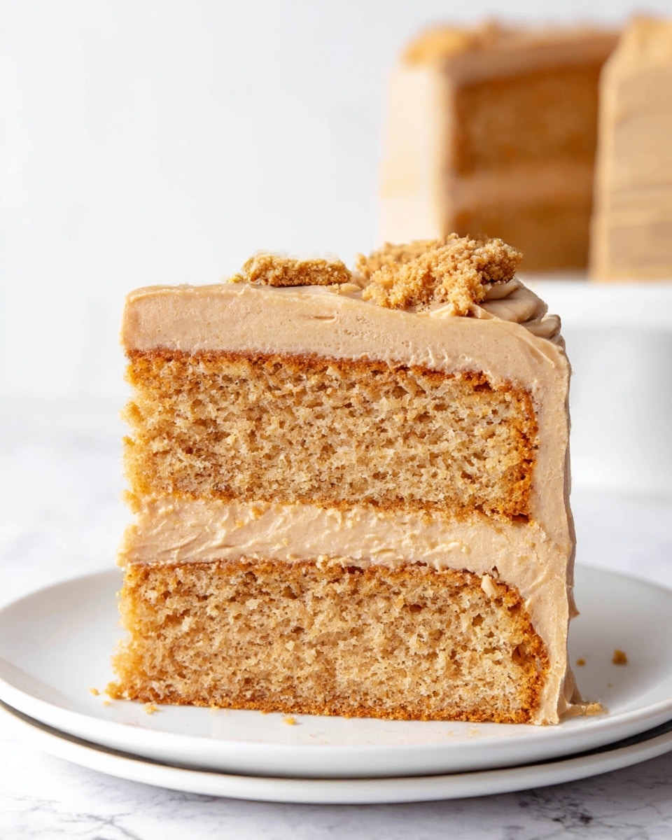 A slice of two-layer light brown cake sits on a white plate with a white marbled background. The cake layers look soft and moist with a crumbly texture. Between the layers, there is a thick layer of light brown frosting topped with crumbled bits. The top layer of the cake is covered with a smooth, even coat of the same light brown frosting, with some crumbled pieces placed on the edge. A silver fork lies in front of the plate. Photo taken with an iphone --ar 4:5 --v 7
