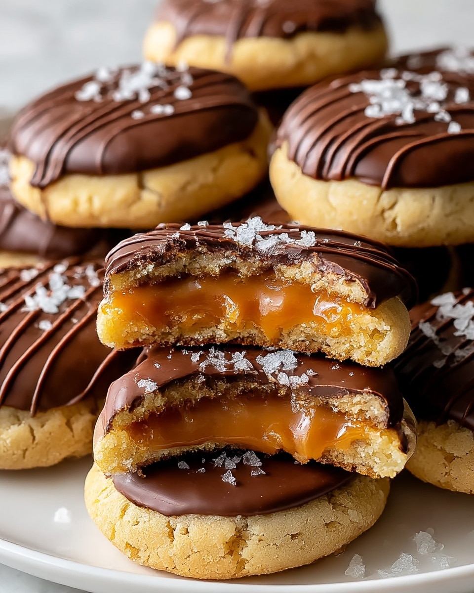 A close-up view of stacked cookies on a white plate with a white marbled texture in the background. Each cookie has three layers: the bottom layer is a light golden crackled cookie base, the middle layer is a thick, smooth caramel filling with a glossy texture, and the top layer is a shiny dark chocolate glaze drizzled in smooth lines with coarse sea salt flakes scattered on top. The cookie in the front is partially bitten, revealing the gooey caramel inside. Photo taken with an iphone --ar 4:5 --v 7