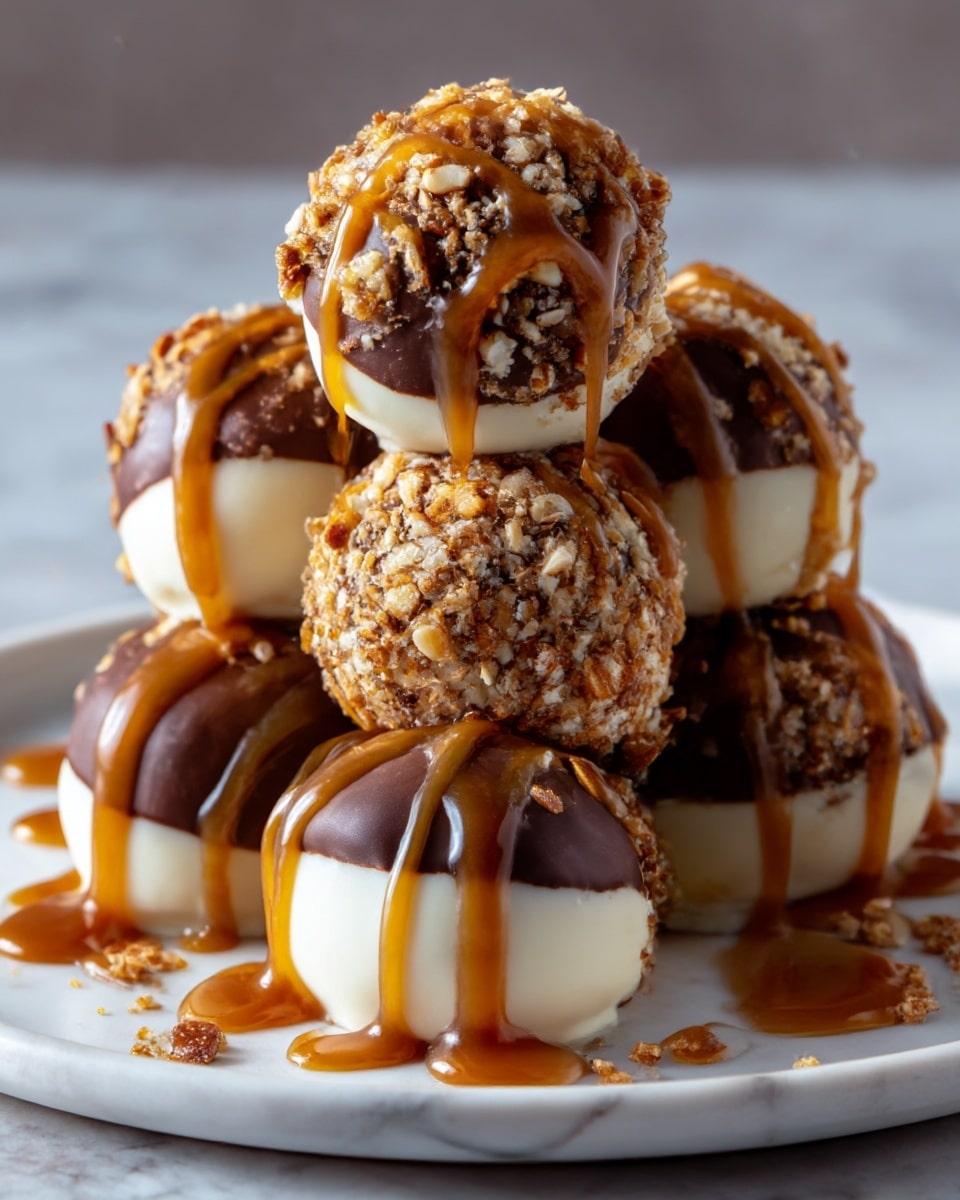 The image shows a stack of six round treats arranged in a pyramid on a white marbled surface, each covered in a smooth layer of white and dark chocolate, and rolled in chopped nuts for a crunchy texture. The top treat is drizzled with a thick golden caramel sauce that also pools slightly on the surface below. The caramel drizzle is glossy and contrasts with the matte nuts and shiny chocolate. The treats are evenly sized, with the layered chocolate coating giving a marbled effect where the white and dark chocolates meet. photo taken with an iphone --ar 4:5 --v 7