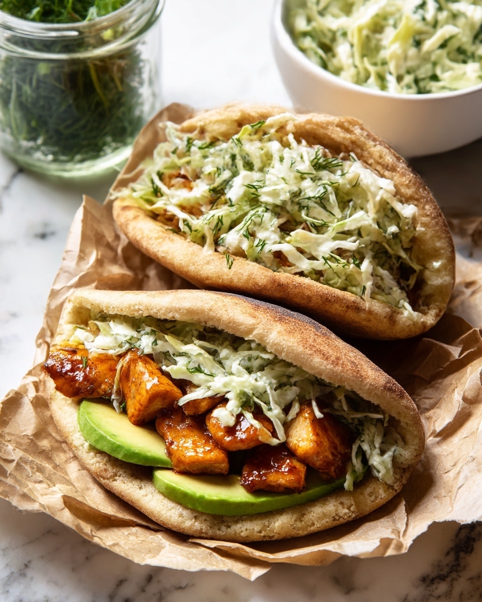 Two pita pockets sit on crumpled brown paper over a white marbled surface; each pita is light brown with a toasted texture and filled with several layers. The bottom layer inside shows vibrant slices of green avocado, followed by bite-sized pieces of golden-brown glazed chicken that have a shiny, rich coating. Above the chicken lies a creamy coleslaw made of finely shredded white cabbage mixed with green herbs, giving a fresh and slightly creamy texture. Next to the pitas is a white bowl filled with more of the creamy cabbage slaw, and a glass jar with green herbs is visible in the background. photo taken with an iphone --ar 4:5 --v 7