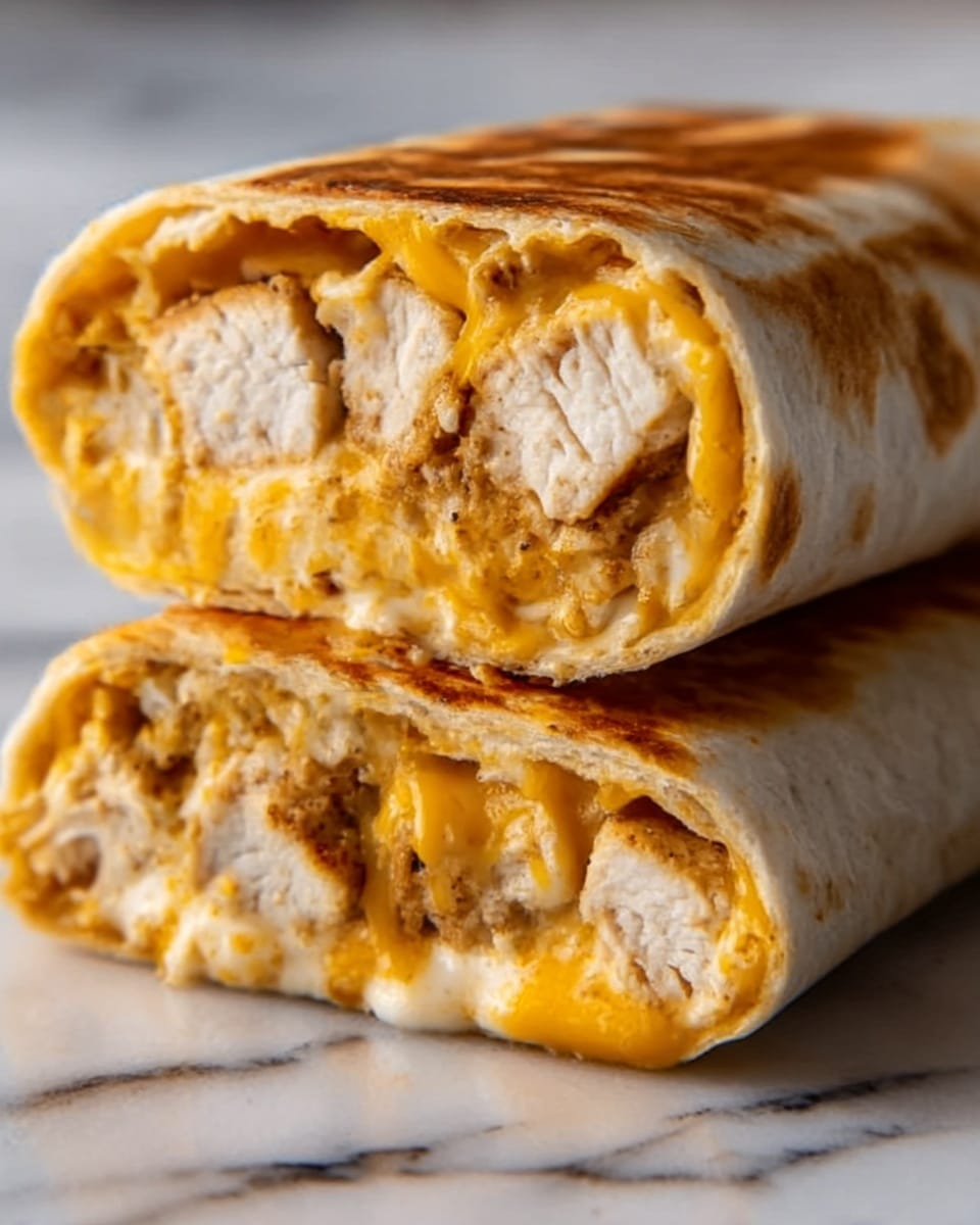 A close-up view of a toasted wrap cut in half, stacked with the top half leaning on the bottom half, revealing multiple layers inside. The outer tortilla is golden-brown and slightly crispy. Inside, there are chunks of grilled chicken with light brown grill marks, finely shredded melted cheddar cheese in a bright orange color, and a creamy sauce that blends with the cheese. The texture inside looks soft and gooey with clear layers of chicken and cheese. The background features a white marbled surface. Photo taken with an iphone --ar 4:5 --v 7