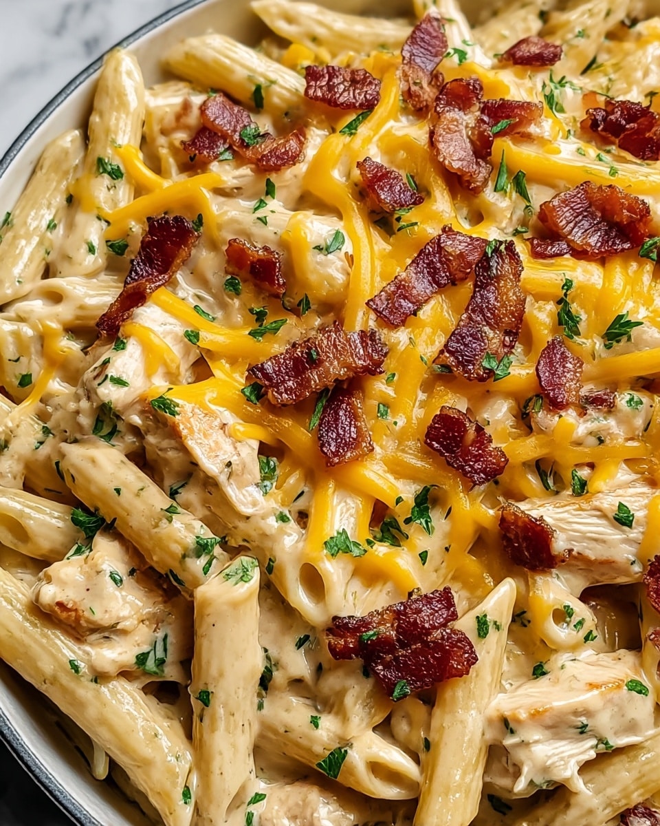 A close-up view of creamy penne pasta mixed with pieces of cooked chicken, coated in a thick, light beige sauce. The pasta is generously topped with melted golden yellow cheese, crispy dark reddish brown bacon bits scattered evenly across the dish, and small sprinkles of green parsley leaves adding a fresh touch. The textures range from smooth and creamy sauce on penne to crispy bacon bits, with the chicken pieces showing a slightly browned, juicy surface. The whole dish sits on a white marbled surface. photo taken with an iphone --ar 4:5 --v 7