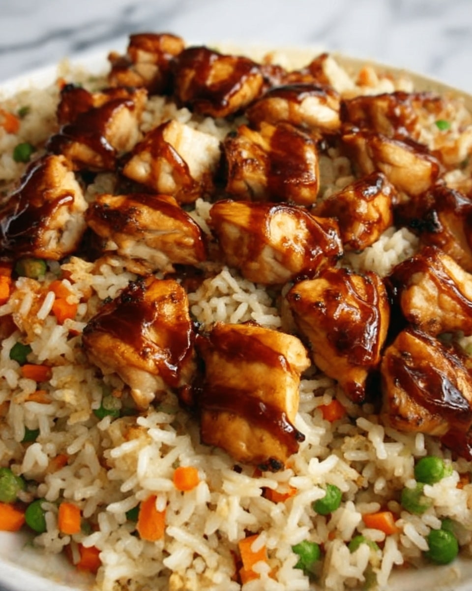 The image shows a close-up of a white plate filled with a serving of fried rice topped with grilled chicken pieces. The fried rice contains small bits of orange carrot and green peas, giving a mix of white, orange, and green colors. On the top layer, there are golden brown grilled chicken chunks coated with a shiny, dark brown glaze, arranged evenly across the rice. The textures contrast between the soft rice and the slightly crispy, glazed chicken. The background is a white marbled surface. photo taken with an iphone --ar 4:5 --v 7