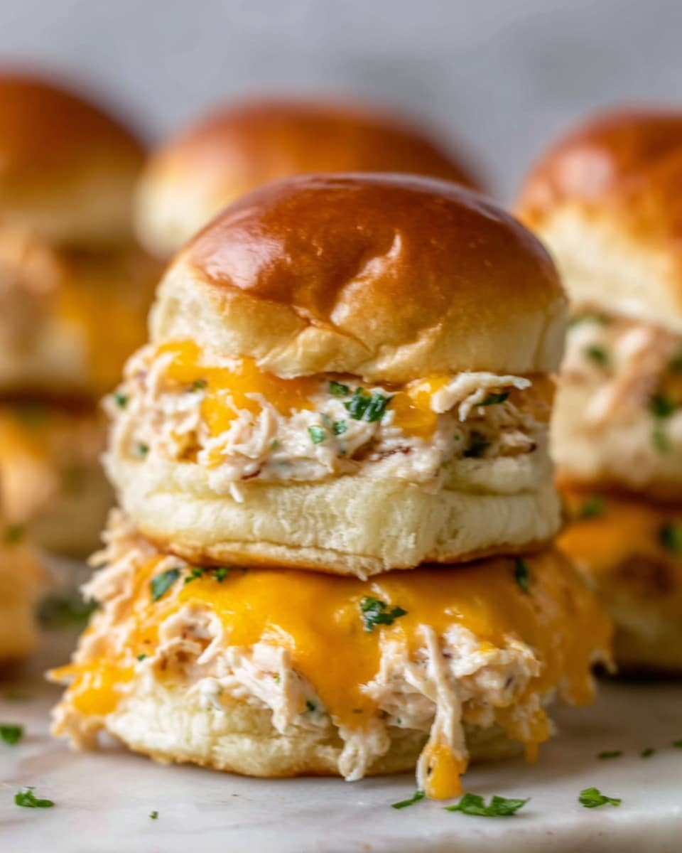 The image shows a close-up of a small sandwich with two soft, golden-brown buns. Inside, there are two layers of shredded white chicken mixed with green herbs. Between them, melted orange cheese drips slightly, creating a creamy texture. The top bun rests gently on the layers, with some chicken pieces falling around the sandwich. The background is a white marbled texture, and the lighting highlights the moist and fresh look of the sandwich. photo taken with an iphone --ar 4:5 --v 7